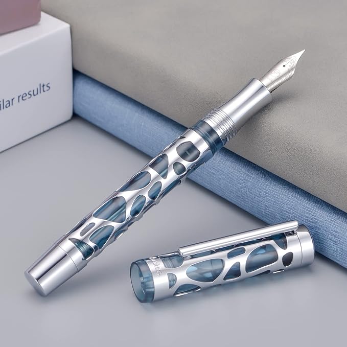 Asvine V169 Vacuum Filling Fountain Pen Fine Nib, Water Drop Skeleton Transparent Gray Blue Acrylic Pen Case Set