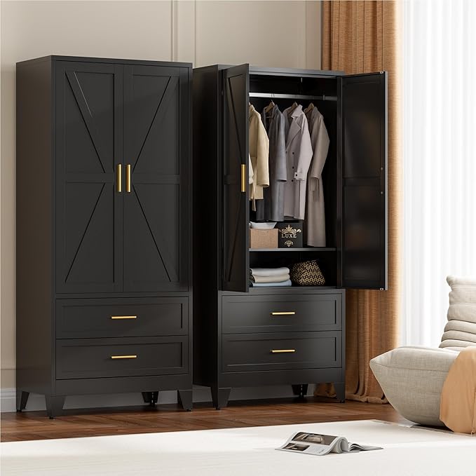 71" Tall Metal Wardrobe Cabinet with 2 Drawers and Hanging Rod, 2 Doors Armoire Wardrobe Closet with Shelf for Bedroom, Office, Laundry Room, Black