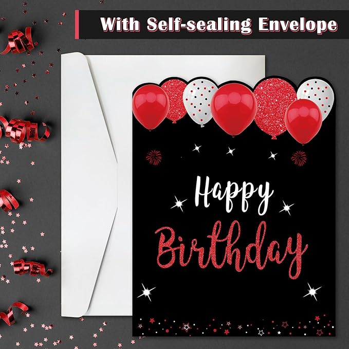 Jumbo Birthday Card with Envelope, Giant Guest Book Happy Birthday Greeting Cards, Large Birthday Card Gifts Party Supplies, Red Black Extra Big Birthday Card Decor
