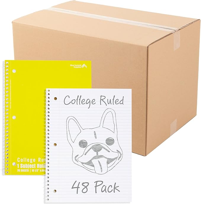 Blue Summit Yellow Spiral Notebooks Bulk, One Subject Spiral Notebook College Ruled, Perforated Notebook, 8 x 10.5 for Work and School, Paper, College Ruled, Bulk 48 Pack
