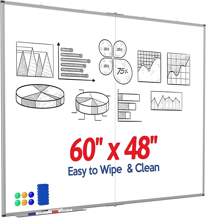 Large Whiteboard, Double Magnetic White Board for Wall, Dry Erase Whiteboard for Office Home & School (Silver, 60x48 inch)