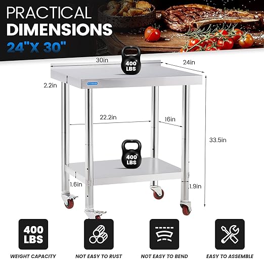 Stainless Steel Table for Prep & Work with 4 Caster Wheels with Backsplash 24 x 30 NSF Metal Commercial Kitchen Adjustable Under Shelf Worktable for Restaurant Home Outdoor