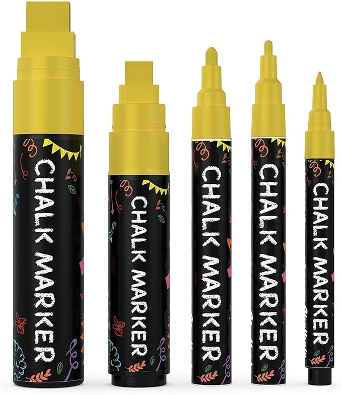 5 Gold Chalkboard Chalk Markers - Gold Dry Erase Markers for Blackboard, Chalkboard Signs, Windows, Glass | Variety Pack - Fine & Jumbo Size Ink Pen (1mm, 3mm, 6mm, 10mm, 15mm)