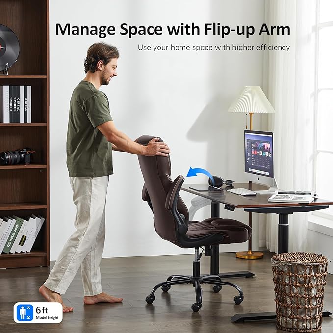 Office Chair, Executive Leather Chair Home Office Desk Chairs, Ergonomic Computer Desk Chair with Adjustable Flip-Up Arms, Lumbar Support Swivel Task Chair with Rocking Function (Brown)