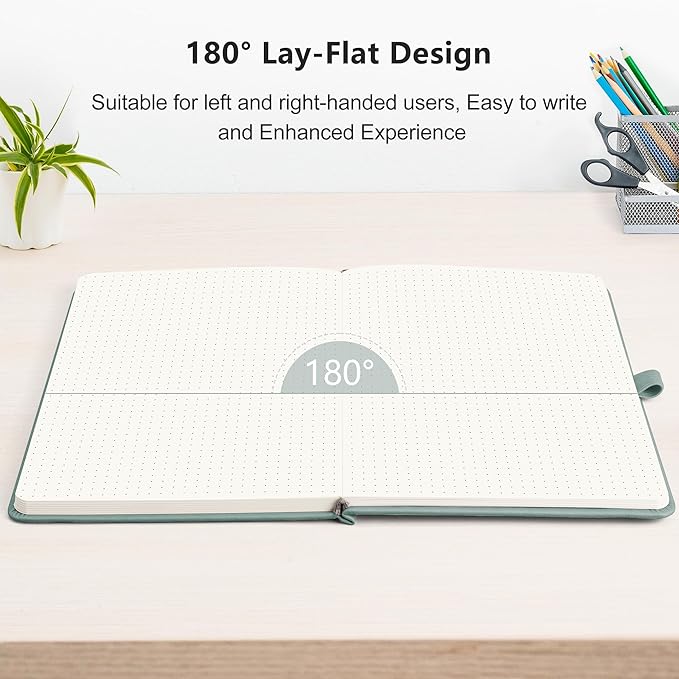 RETTACY Bullet Dotted Journal Notebook, 192 Pages, A5 Medium Size (5.7'' x 8.3''), Leather Hardcover, 100 GSM Thick Paper, for Bullet Journaling, Planning, Tracking (Blue-gray)