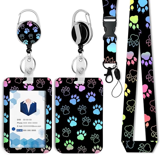 Dog paw Badge Holder with Retractable Reel and Breakaway Lanyard，Badge Clips Retractable Heavy Duty Badge Reel，Keychain，ID Holder with Breakaway Lanyard for School Nurse Office Teen