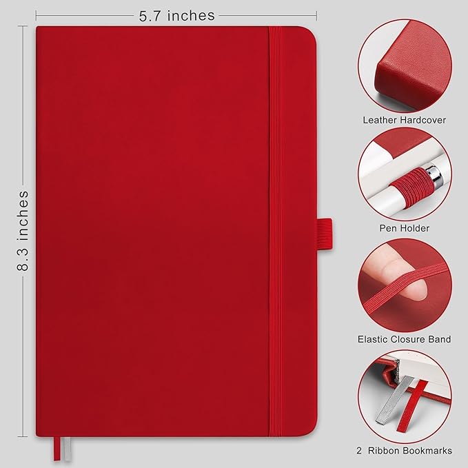 RETTACY Blank Journal Notebook, 2-Pack, 192 Pages per Pack, A5 Medium Size (5.7'' x 8.3''), Leather Hardcover, 100 GSM Thick Paper, for Sketching, Drawing, Painting (Black & Red)