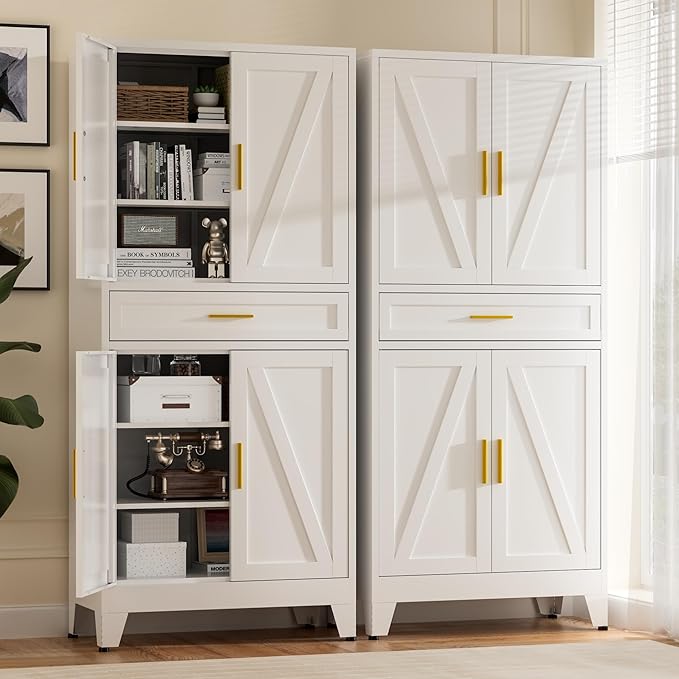 71" Tall Metal Storage Cabinet with Adjustable Shelves,Farmhouse Kitchen Pantry Cabinet with 2 Barn Doors and Drawer,Large Storage Cabinets for Dining Room,Bathroom,Living Room(White)