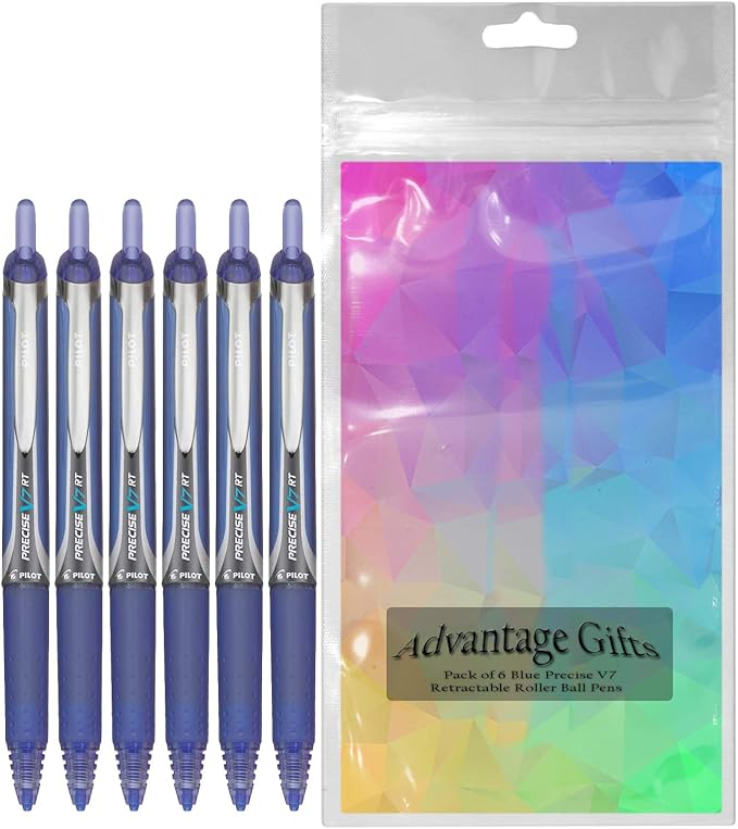 Precise V7 RT Retractable Rolling Ball Pens, Fine Point (.7mm), Blue Ink, 6-pk; Premium Comfort Grip, Bundle with Plastic Reusable Pouch