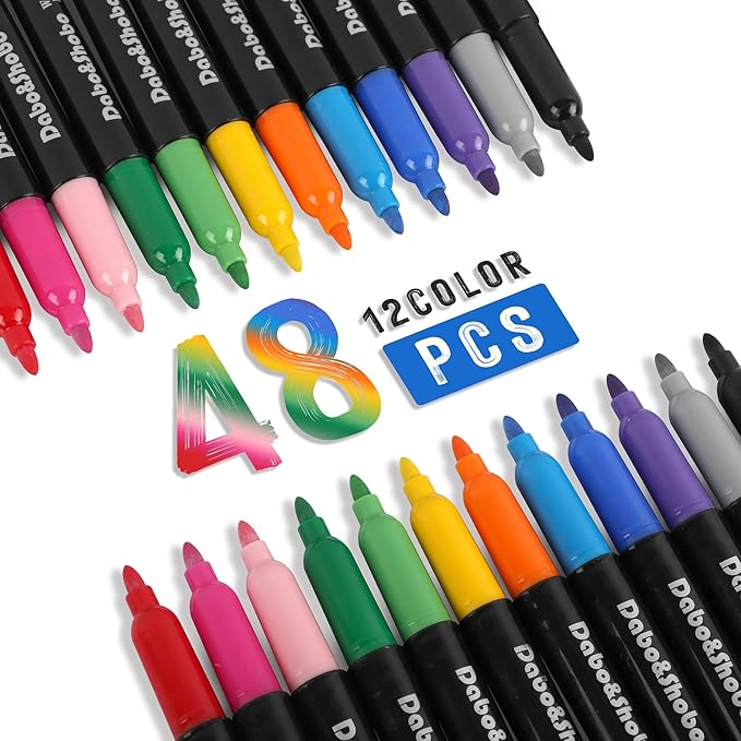 Dabo&Shobo Wet Erase Markers, 48-Count Smudge-Free, 12 Colors Fine Tip, Erases with Water! Low Odor Markers for Office, School & Home