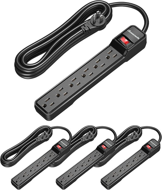 DEWENWILS 15 Foot Long Power Strip, 6-Outlet Power Strip 15FT, 15 Amp Circuit Breaker, Low Profile Flat Plug, Surge Protector for Office, Living Room, Bedroom, 4 Pack, Wall Mount, Black