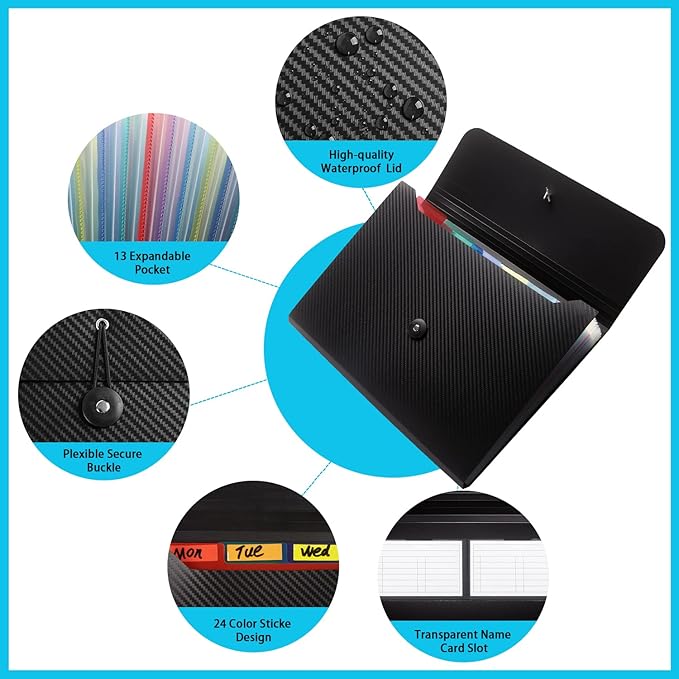 Expanding File Folder File Organizer 13 Pockets File Organizer Accordion Filing Folder Expandable File Folder for Documents Aesthetic Paper Organizer Folder for Work, School, Home, Office, BlackRed