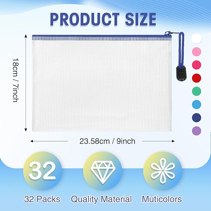 Jetec 32 Pcs Mesh Zipper Bags Toy Storage Bikini Organizer Bag Bolsas Para Guardar Trajes De Baño Waterproof Zipper Reusable Pouch Puzzle Multipurpose for Storage Office(Classic Color,9 x 7 Inch)