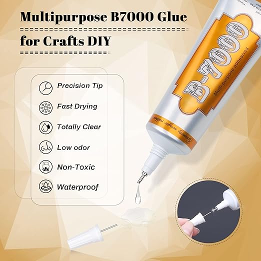 B7000 Glue Clear Adhesive, Jewelry Bead B-7000 Glue Semi Fluid Adhesive Glue High Viscosity with Precise Tips for Rhinestones Fabric, Glass, Jewelry Making, DIY Art Crafts, Leather, Toys (2x25ML)
