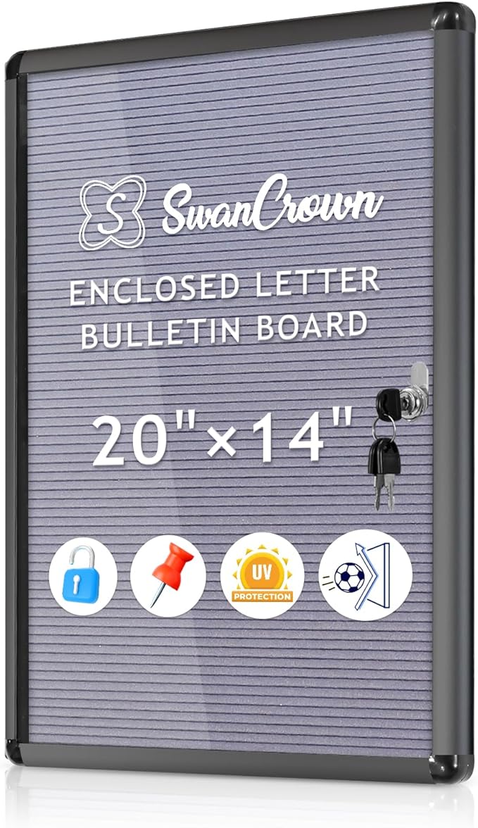 SWANCROWN Enclosed Bulletin Board with Locking Door 20x14 in, Lockable Felt Letter Board Sign Tamperproof Message Board for Office School Home, Black Aluminum Frame, Grey