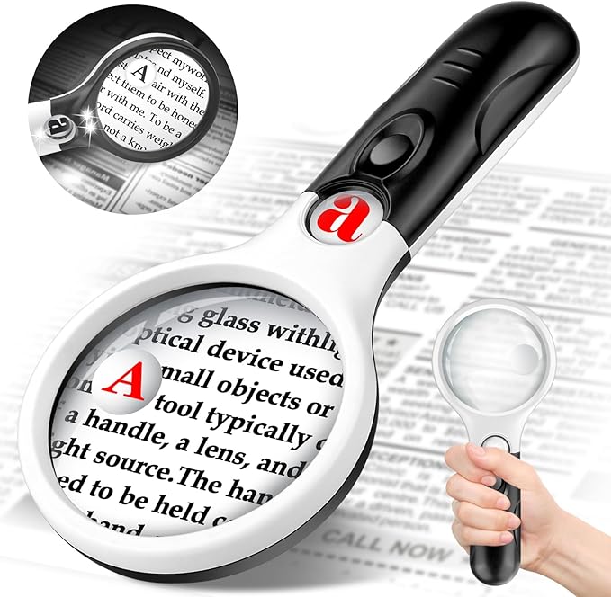 Compact Magnifying Glass with Lights,45X 10X 5X Small Handheld Lighted Magnifier, 3 LED Light Magnifying Glass for Reading Small Prints & Low Vision Seniors 2 Pack B&W