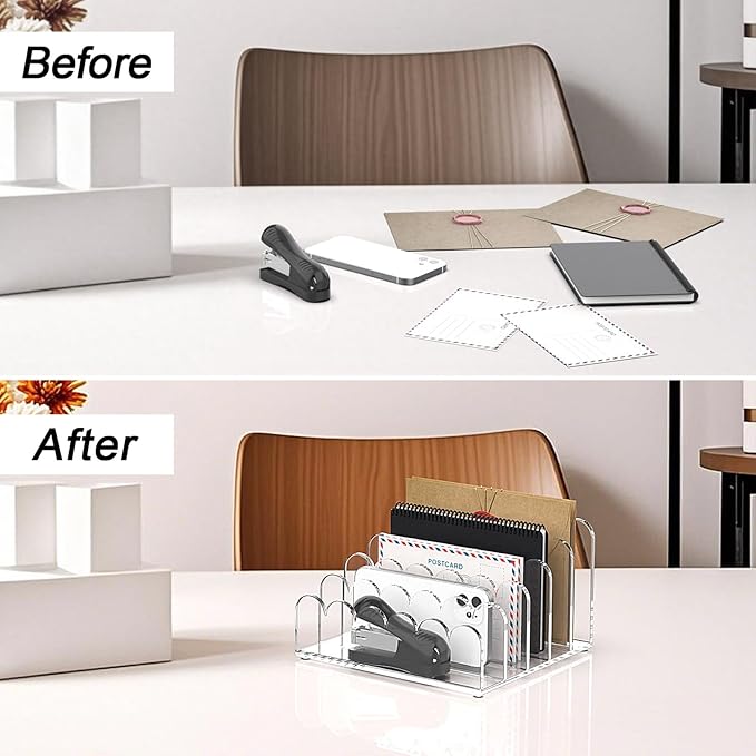 YAGELI 2 Pack 5-Slot Acrylic Mail Organizer for Desktop – Scalloped Clear Document Sorter, Vertical File Holder for Office/Home, Space-Saving Desk Organizer for Letters, Bills, Stationery