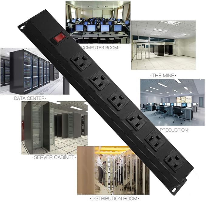 Metal Wall Mount Power Strip, Mountable Power Outlet with 6 AC Outlets, Aluminum Alloy Mount Power Socket with Switch, 6 FT SJT 3/C 14AWG Power Cord, 15A 125V 1875W (6AC) Black