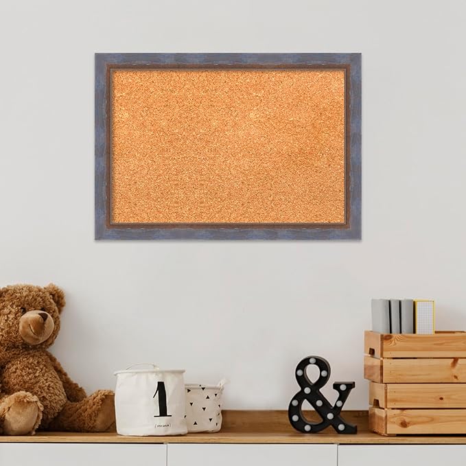 Amanti Art Natural Cork Board for Wall, 14x20 Vision Board with Blue Wood Frame, Small Corkboard Office Decor for Home Organization, Modern Corkboard Pinboard to Display Items for Home Organization