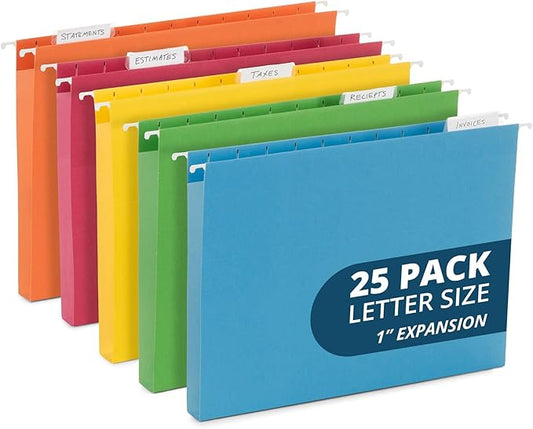 25 Blue Summit Supplies Hanging File Folders 1 inch Expansion, Assorted Colors Hanging File Folders Extra Capacity 1 inch, 11PT Paper, 1 inch Expandable File Folders, 25 Pack