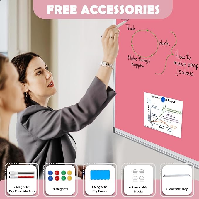 WALGLASS Magnetic Whiteboard 36"x24" Dry Erase White Board for Walls with Pen Tray, Aluminium Frame and Dry-Wipe Writing Surface for Kids' Drawing, Home, and Office (Pink)