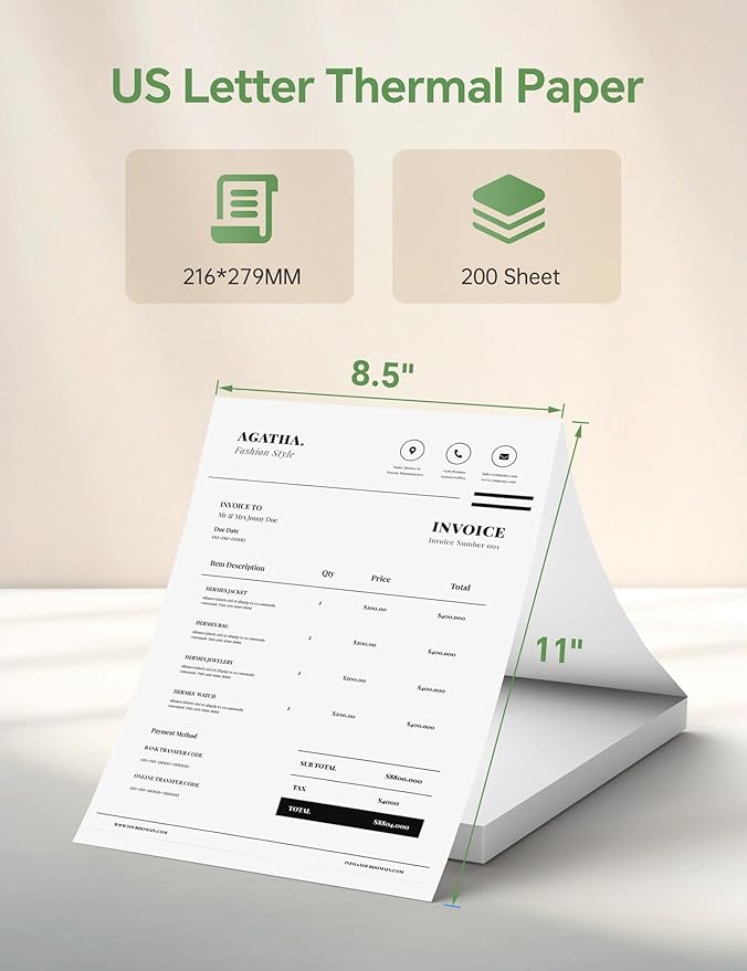 200 Sheets Thermal Printer Paper 8.5x11 US Letter MT610 Thermal Paper, Compatible with PRT/iDPRT/HPRT Portable Printer and Other Brands Thermal Document Printers