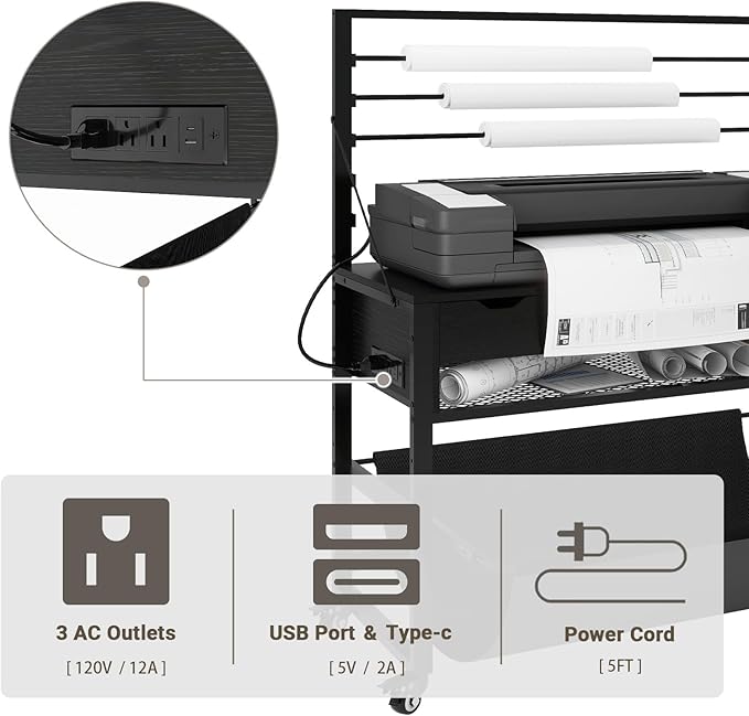 Natwind Wide Format Printer Stand, Plotter Workbench Table with Pull-Out Drafting Storage, Roll Paper Holder, Accessory Drawer, Adjustable Storage Shelf for Plotters and Cutting Machines (Black)