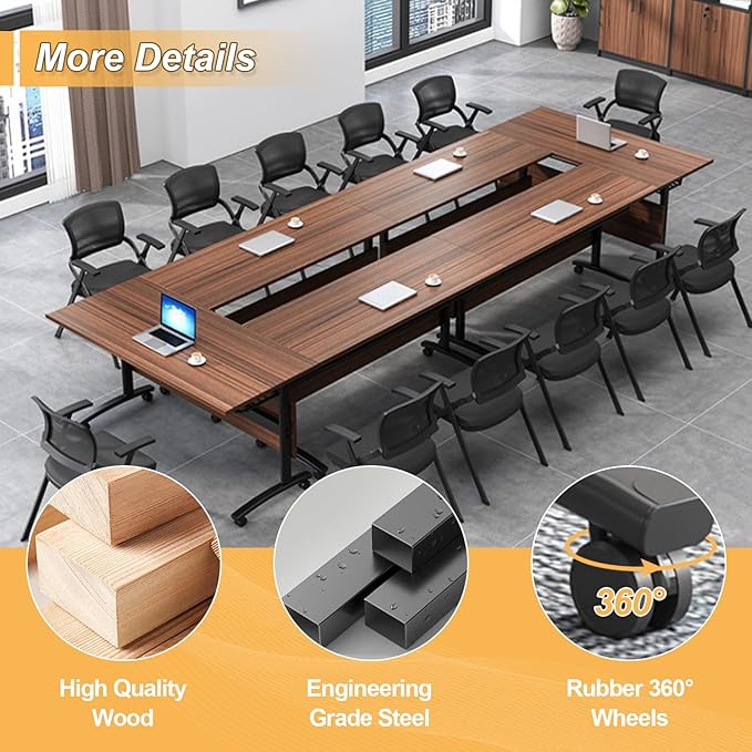 Conference Room Table with Silent Wheels, Mobile Folding Conference Table for 16 Person,Flip Top Office Training Tables with Walnuts Wood Tabletop, for School,Business Meeting Rooms (6 Pack 63in)