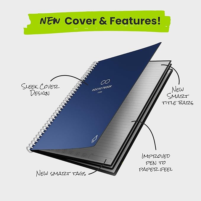 Rocketbook New Core Reusable Spiral Notebook, Letter Size 8.5x11, Navy Blue - Lined Pages, App-Connected, Erasable, Durable Cover, Ideal for School, Work, and Creative Projects