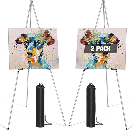 Display Artist Easel Stands - 63" Instant Tripod Collapsible Portable Floor Easels - Easy Folding Adjustable Art Poster Metal Stands for Display Show, Wedding, Painting - Silver 2pack