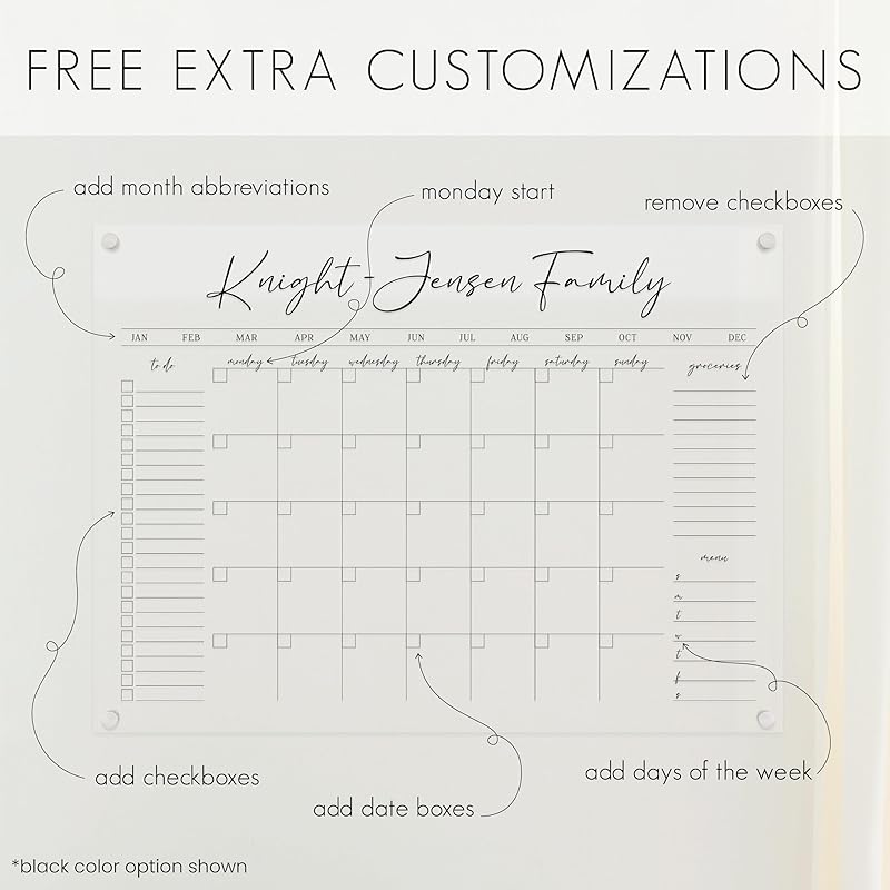 Personalized Clear Acrylic Calendar for Wall, Calendar Whiteboard for Wall, Dry Erase Wall Calendar, Wall Calendar Organizer System for Home (Cursive, Jade, 31"W x 23"H)