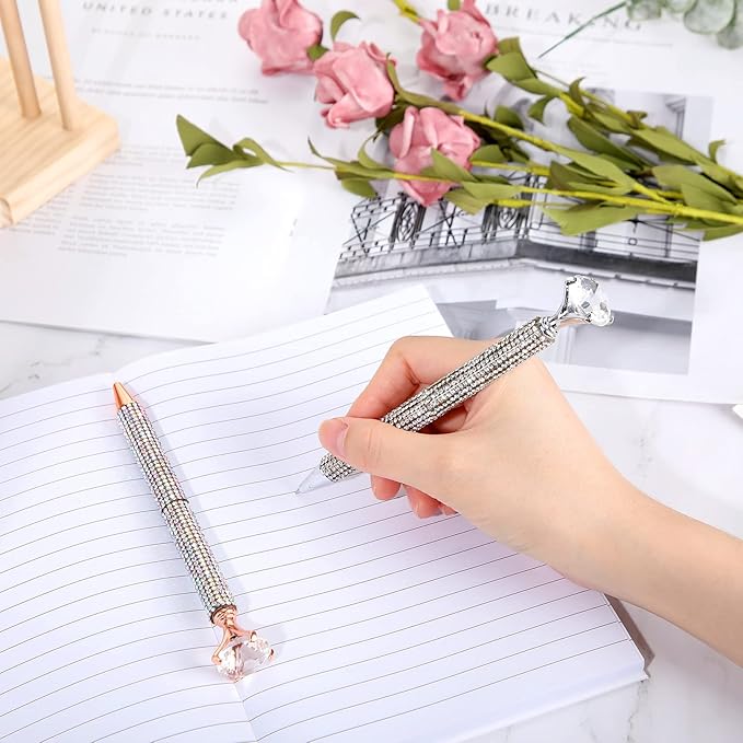 Jeyiour 6 Pcs Big Diamond Pens with Crystal Bling Rhinestone Metal Glitter Diamond Ballpoint Black Ink Pens Wedding Bridal Shower Favors for Birthday Gift Supplies(Silver, Rose Gold)