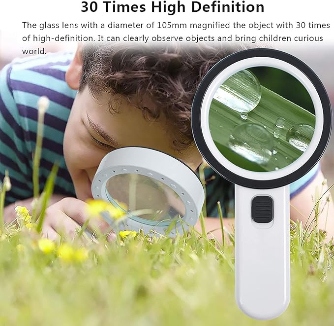 AIXPI Magnifying Glass with Light, 30X Handheld Large Magnifying Glass 12 LED Illuminated Lighted Magnifier for Macular Degeneration Seniors Reading Inspection Coins Jewelry