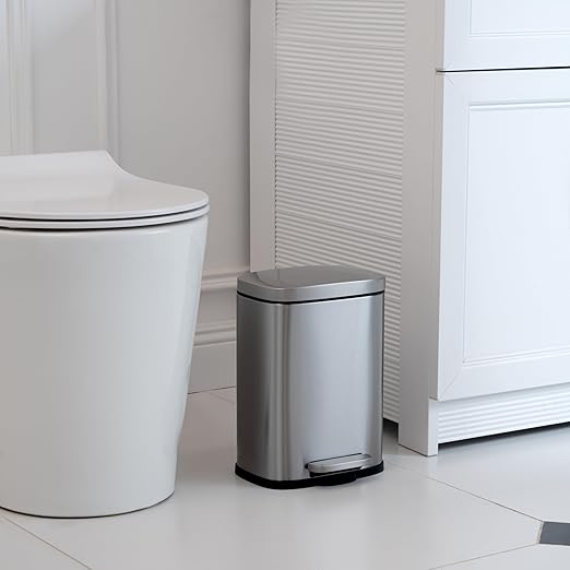 Amazon Basics Smudge Resistant Mini Rectangular Trash Can With Soft-Close Foot Pedal, Brushed Stainless Steel, for Bathroom & small space, 5 L /1.32 Gal, Satin Nickel Finish, 7.3x8.5 x11.8 in (LxWxH)