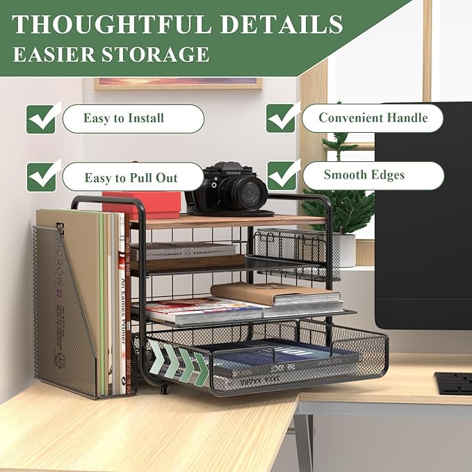 2025 New Large Capacity Desk Organizer with Drawer, Wooden 4-Tier Paper Organizer Letter Tray with File Holder and Pen Holders, Wooden Desk Accessories for A4 Paper Work Folder Storage (Style1)