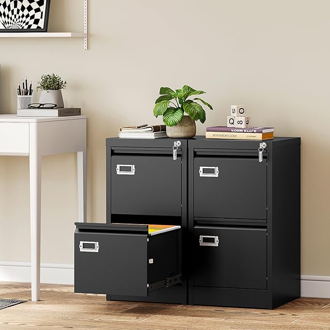 SISESOL 2 Drawer File Cabinet with Lock,Narrow Vertical Filing Cabinet,Under Desk File Cabinets,Black Metal File Cabinets for Home Office,Fit Letter Size,Files Folder,Easy Assemble