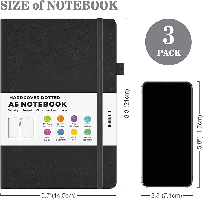 OMEYA Dotted Journal Notebook 3 Pack, A5 Hardcover Notebook with 120gsm Thick Dotted Paper, Leather Journals for Women, Men, Dot Grid Notebook Journal for Writing, Notebooks for Work, 5.75" × 8.38"