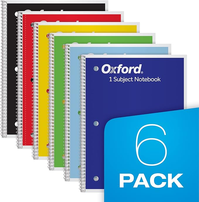 Oxford Spiral Notebook 6 Pack, Bulk Wide Ruled Spiral Notebooks for School, 1 Subject Journal, Wide Ruled Paper, 8 x 10-1/2 Inch, Blue, Yellow, Red, Light Blue, Green and Black, 70 Sheets (65010)
