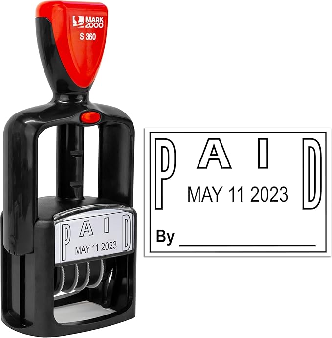Self-Inking Rubber Date Office Stamp with Paid Phrase - Black Ink - 12-Year Band