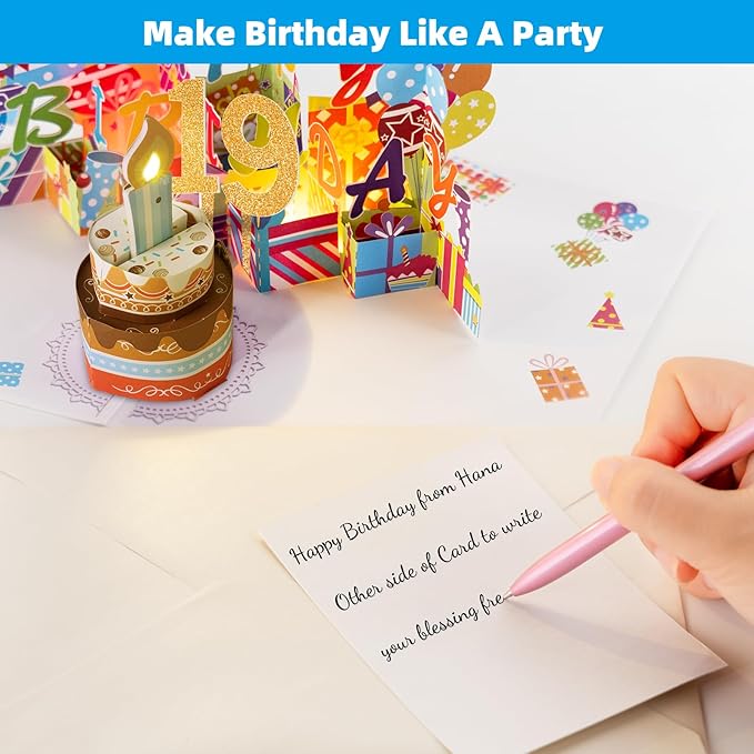 Gumry 19TH Musical Birthday PopUp Card, Blowable Colorful Light Candle 3D Cards with Song, Applause Cheers Sound, Greeting Cards Birthday Gifts Decorations for Girls Boys Turning 19 Years Old