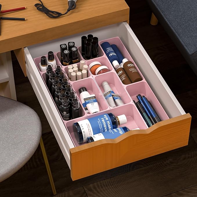 60 Pcs Plastic Drawer Organizer Set,5 Size Small Storage Containers for Organizing Jewelry,Utensil,Junk,Tea,Makeup,Shallow Drawer Organizers Tray Suitable for Office,Desk,Bathroom,Vanity,Kitchen,Pink