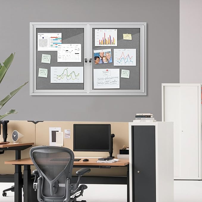 48"x30" Enclosed Bulletin Board, Outdoor Lockable Weather-Resistant Aluminum Cork Noticeboard for School & Office, Silver Frame w/Grey Flet