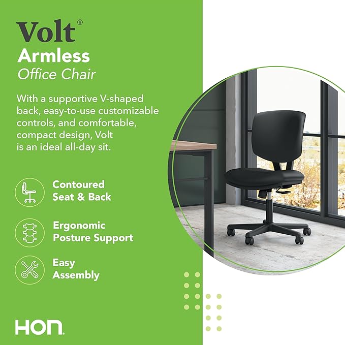 HON Volt Armless Computer Chair for Office Desk Ergonomic Recline, Softhread Leather Back Seat, Swivel Desk Chair for Computers, Work, Black