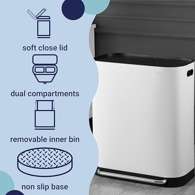 happimess HPM1014C Beni Kitchen 16-Gallon Double-Bucket Step-Open Trash Can with Soft-Close Lid, Modern, Minimalistic, Fingerprint Proof for Home, Kitchen, Laundry Room, Office, Bathroom, White