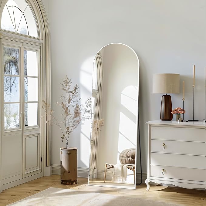 MELOMOIR 56"x18" Arched Full Length Mirror, Free Standing Leaning or Hanging, Thin Aluminum Frame, Tempered Glass, Suitable for Living Room Bedroom Cloakroom Hallway Home Gym, White
