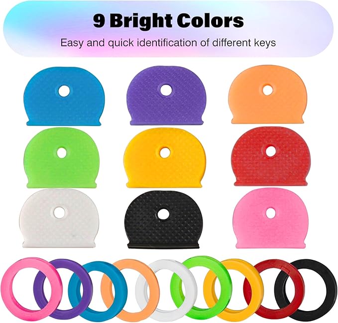 36 Pack Key Color Caps Covers Tags, Soft Rubber Key Identifiers, Plastic Key Toppers for Standard Flat Organization House Key (Not Suitable for Odd-Shaped Keys), 9 Colors, 2 Styles