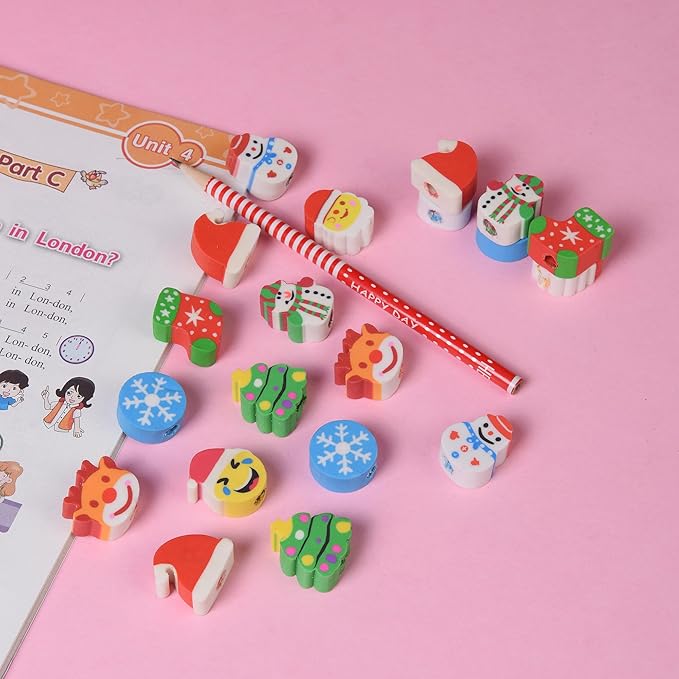 34PCS Fun Cute Christmas Topper Erasers for Kids Bulk,Top Erasers for Pencil Back to School Party Gifts