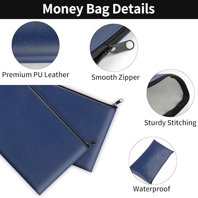 4 Pack Money Bags with Zipper, 11x6.1 Inch PU Leather Cash Pouch, Secure Bank Bag for Coins, Bills, Checks, Invoices, Cosmetics, Tools (Blue)