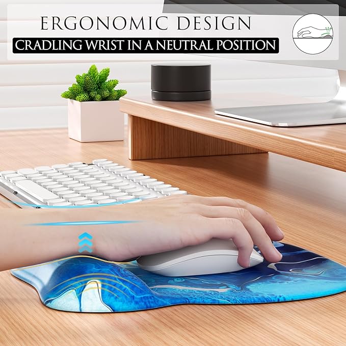 MROCO Ergonomic Mouse Pad with Gel Wrist Rest, Comfortable Mousepad with Smooth Wrist Support Surface and Non-Slip PU Base for Pain Relief, Computer, Laptop, Office & Home, 9.4 x 8.1 in, Blue Waves
