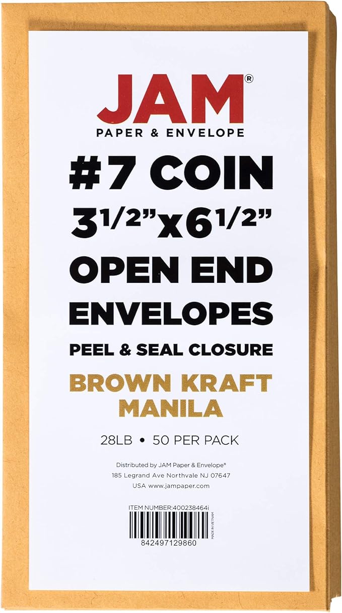 JAM PAPER #7 Coin Business Envelopes with Peel and Seal Closure - 3 1/2 x 6 1/2 - Brown Kraft Manila - 50/Pack